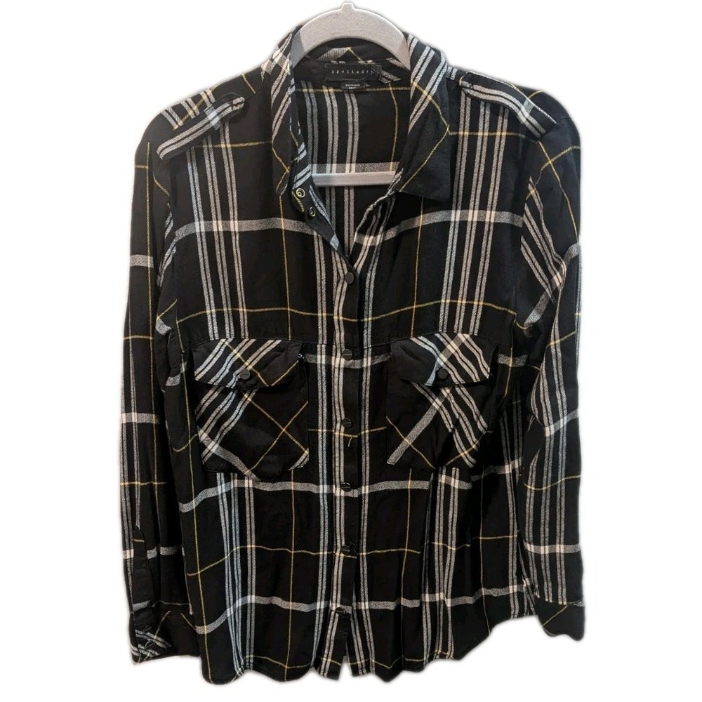 Sanctuary M‎ Black Plaid Boyfriend Shirt Roll Tab Pockets Snap Up Epaulet Grunge